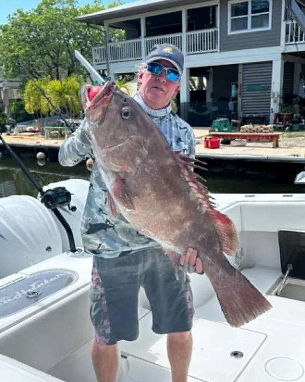 Angler holding a large grouper on a boat near a waterfront house